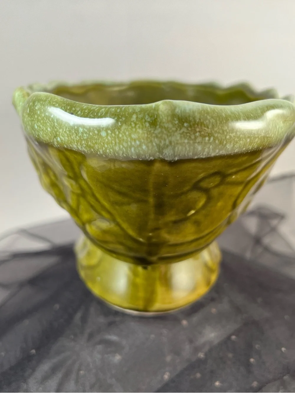 Vintage 1950 Ceramic Art Pottery Green Planter With Spring Floral decoration